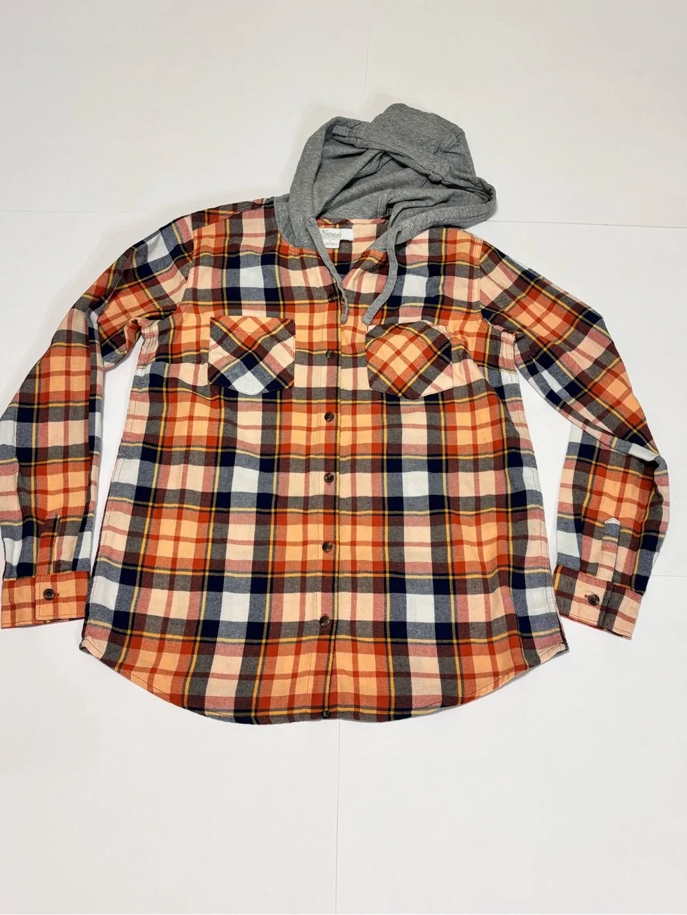 Natural Reflections Orange, Navy & Gray Plaid Hooded Button-Down